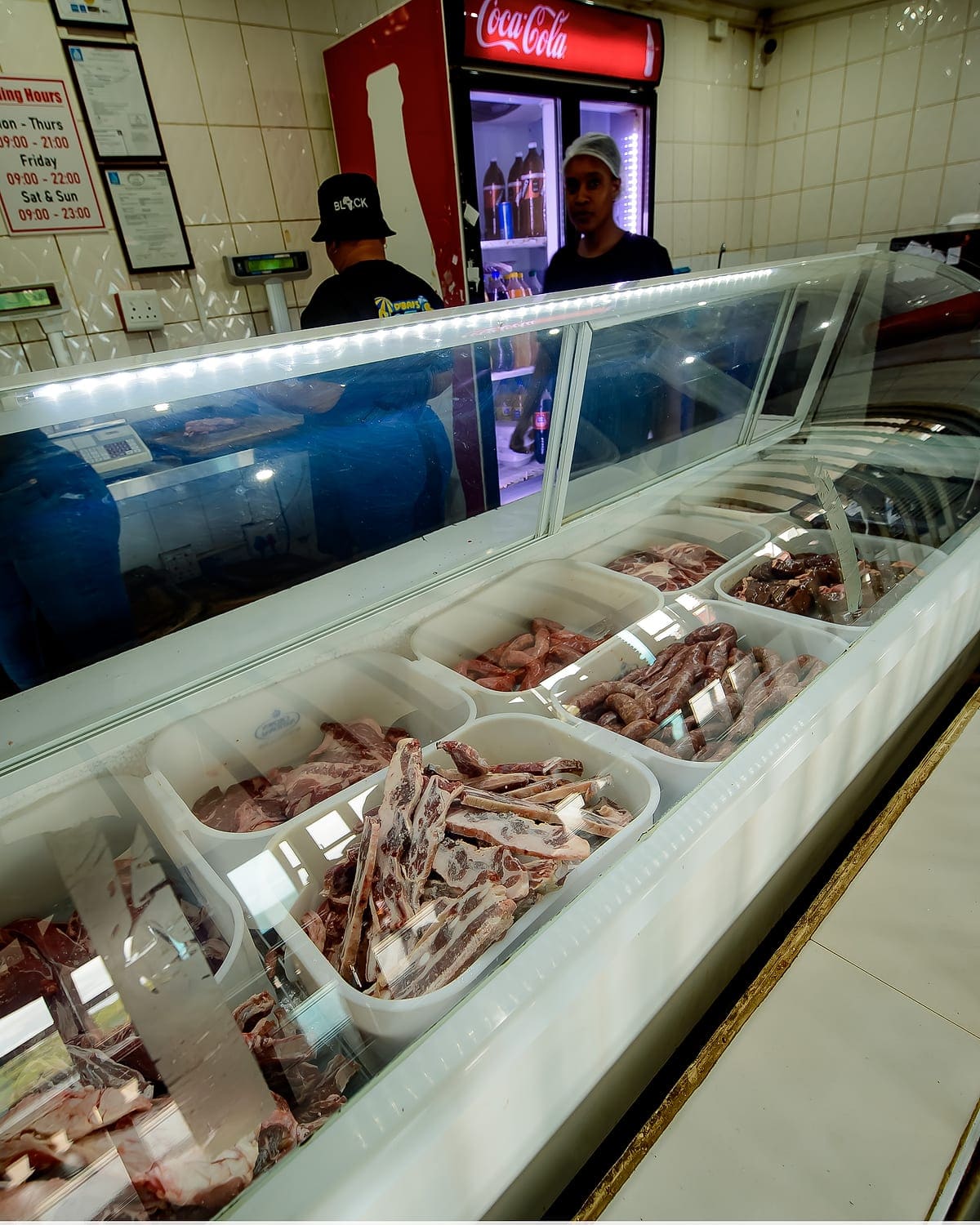 The butchery counter at Zaba's, its display fridge filled with chops, sausage and cuts of meat